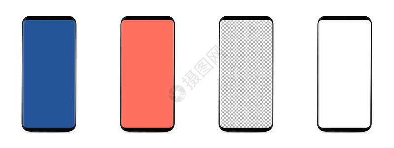套4个无边框智能手机与空白透明屏幕,隔离白色背景屏幕被切割出路径四个无边框智能手机图片