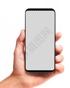 男手无边框智能手机与空白透明屏幕,隔离白色背景屏幕被切割出路径手握无边框智能手机图片