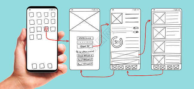 UI开发男手持智能手机与线框用户界面屏幕原型的移动应用程序蓝色背景开发移动应用程序UI图片