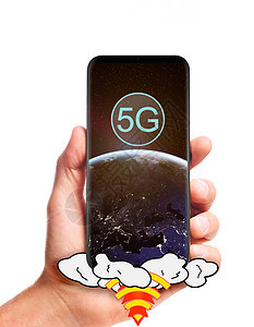 男手握启动5g智能手机与行星地球屏幕上,孤立白色背景这幅图像的元素由美国宇航局提供手握5g智能手机图片