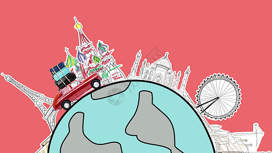 埃菲尔铁塔素描世界各地红色复古玩具汽车与旅行箱驾驶的著名纪念碑卡通星球上乘车旅行背景