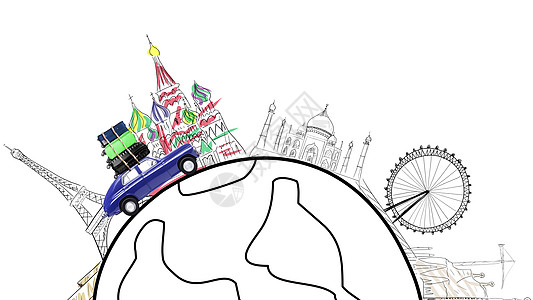 埃菲尔铁塔素描世界各地蓝色复古玩具汽车与旅行箱驾驶由卡通星球上著名的纪念碑驾驶乘车旅行背景