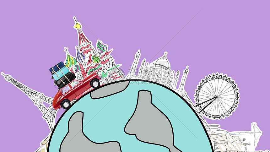 世界各地红色复古玩具汽车与旅行箱驾驶的著名纪念碑卡通星球上乘车旅行图片
