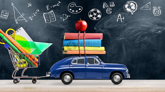 回到学校汽车用教育符号学校黑板上送书苹果汽车左向右移动无缝循环4k动画回到学校的汽车动画图片