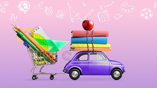 回到学校汽车运送购物车与文具,书籍苹果与紫色粉红色学校黑板与教育符号回到学校汽车动画图片