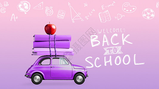 回到学校汽车运送书籍苹果与紫色粉红色的学校黑板与教育符号无缝循环4k动画回到学校的汽车动画图片