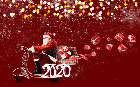 圣诞老人滑板车上,雪红色的背景下送圣诞或新年2020礼物圣诞老人骑滑板车图片