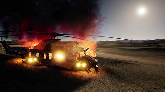 日落时沙漠中燃烧直升机图片