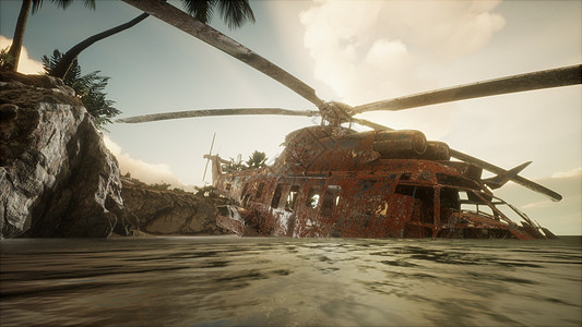 岛上附近老旧生锈的直升机图片