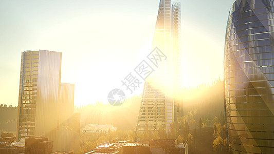 日落时,城市摩天大楼里有浓密的羽毛图片