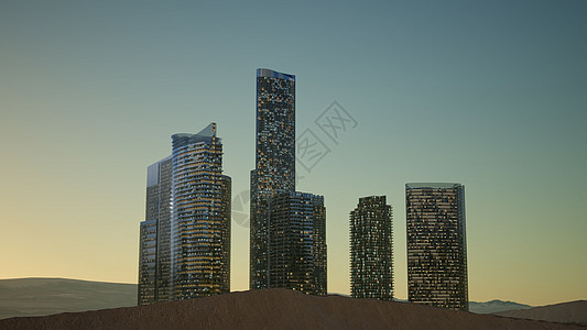 夜间的Cty摩天大楼,沙漠中的天空黑暗的城市摩天大楼夜间沙漠图片