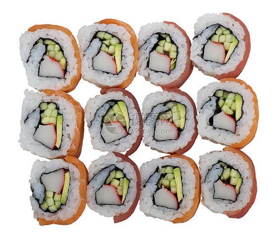 寿司卷与鲑鱼金鱼隔离白色背景图片