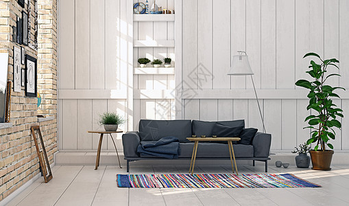 现代斯堪的纳维亚风格的客厅室内三维插图图片