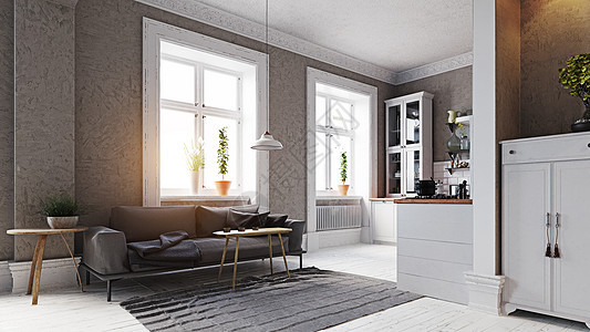 现代公寓内部沙发厨房区三维渲染图片