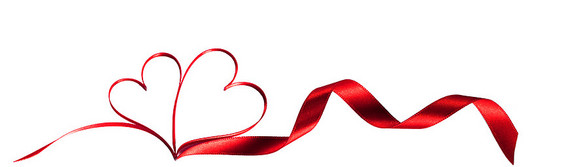 红色丝带的形状为两颗心的爱情,婚礼或情人节隔离白色背景上两颗心形状的红色丝带图片