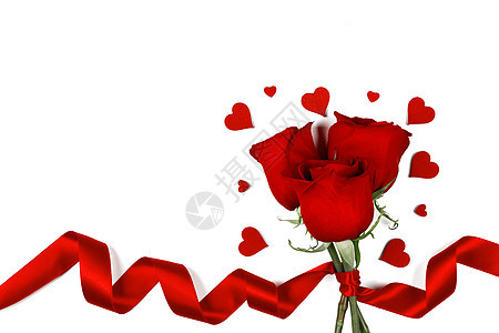 红色玫瑰与红色丝带心隔离白色背景情人节玫瑰白色的心图片
