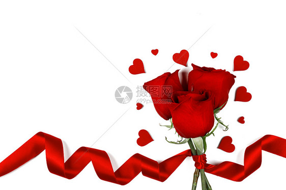 红色玫瑰与红色丝带心隔离白色背景情人节玫瑰白色的心图片