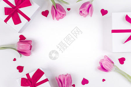 粉红色白色郁金香花礼物心白色卡片背景边框与隔离白人节郁金香礼物心卡片图片
