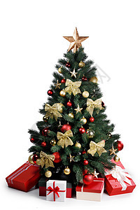 装饰金色圣诞树与新年礼物隔离白色背景上装饰圣诞树隔离白色上图片