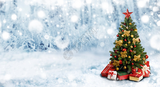 装饰圣诞树冬季雪林背景,机智冬天的圣诞树图片
