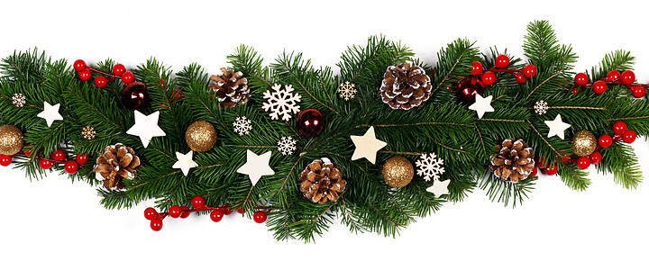 圣诞边框条纹的树枝白色背景与隔离,红色金色装饰,浆果,星星,锥圣诞树树枝的圣诞框架图片