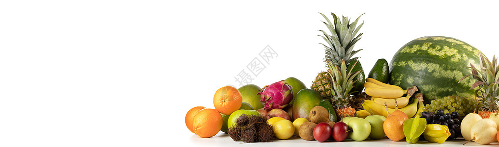 新鲜热带水果收获堆隔离白色背景上,并有文本的新鲜水果堆白色上背景图片