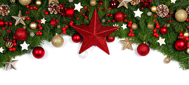 圣诞新年装饰框架隔离白色,冷杉树枝上,红色金色的Baubles松果,大明星,文字圣诞装饰框架背景图片