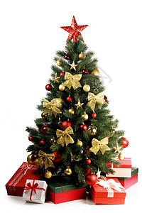 装饰圣诞树白色背景上隔离的礼物冬天的圣诞树图片