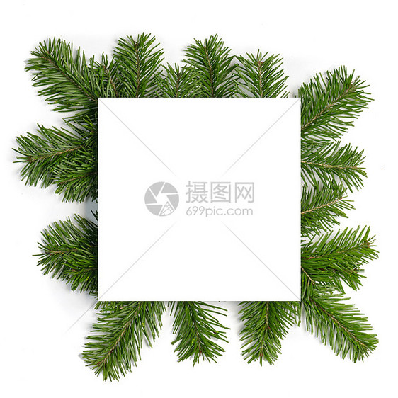 圣诞边界安排与新鲜冷杉树枝隔离白色背景上,为文本冷杉树枝的圣诞边界图片