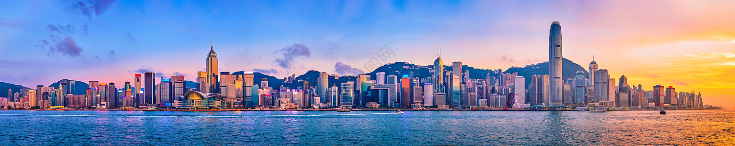 香港城市天际线香港维多利亚港日落全景背景