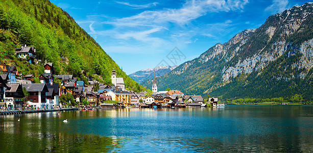 奥地利旅游目的地霍尔斯塔特村霍尔斯塔特塔特看到奥地利阿尔卑斯山的山湖奥地利萨尔茨卡默古特地区奥地利霍尔斯特特村霍尔背景图片