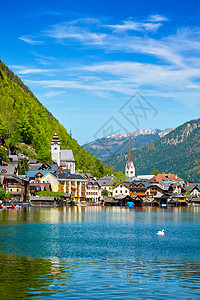 天鹅湖霍尔斯特特村霍尔斯特特看到奥地利阿尔卑斯山奥地利萨尔茨卡默古特地区奥地利霍尔斯特特村图片