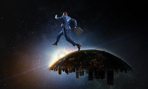 位黑人商人地球上跑回星空的背景位黑人商人城市地球星球跳到星空的背景图片
