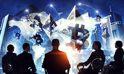 队密码货币工作的商人的剪影三维渲染金融技术背景图片