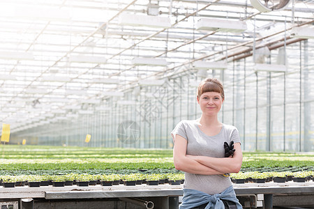 自信的年轻女植物学家的肖像,双臂交叉温室里的草药上图片
