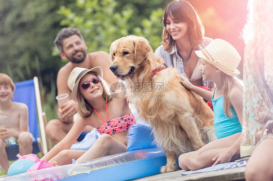 微笑的女孩抚摸金毛猎犬,而坐码头上的家人图片