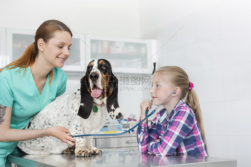 微笑的兽医抱着狗,而女孩诊所听听诊器图片