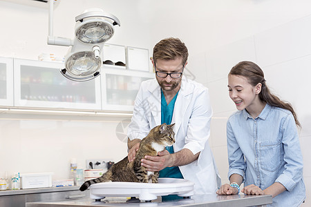 女孩站医生旁边,兽医诊所的桌子上检查猫图片