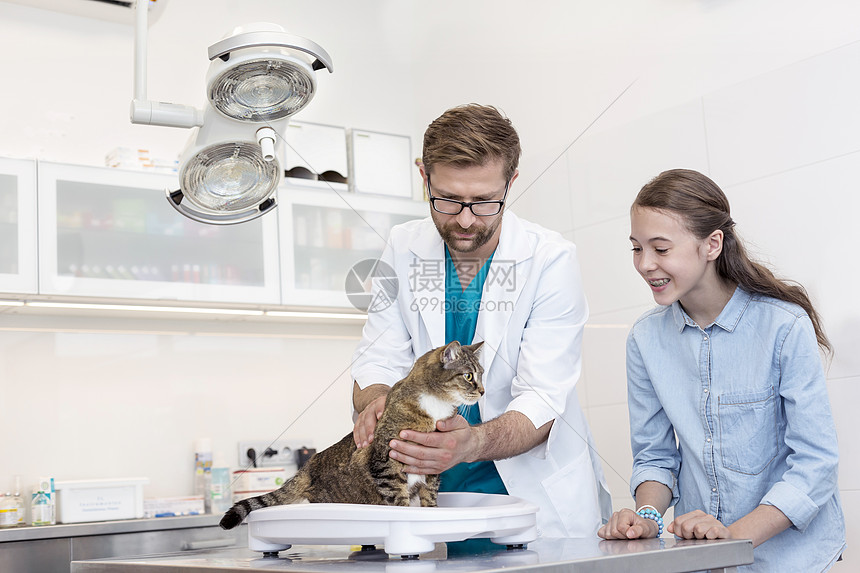 女孩站医生旁边,兽医诊所的桌子上检查猫图片