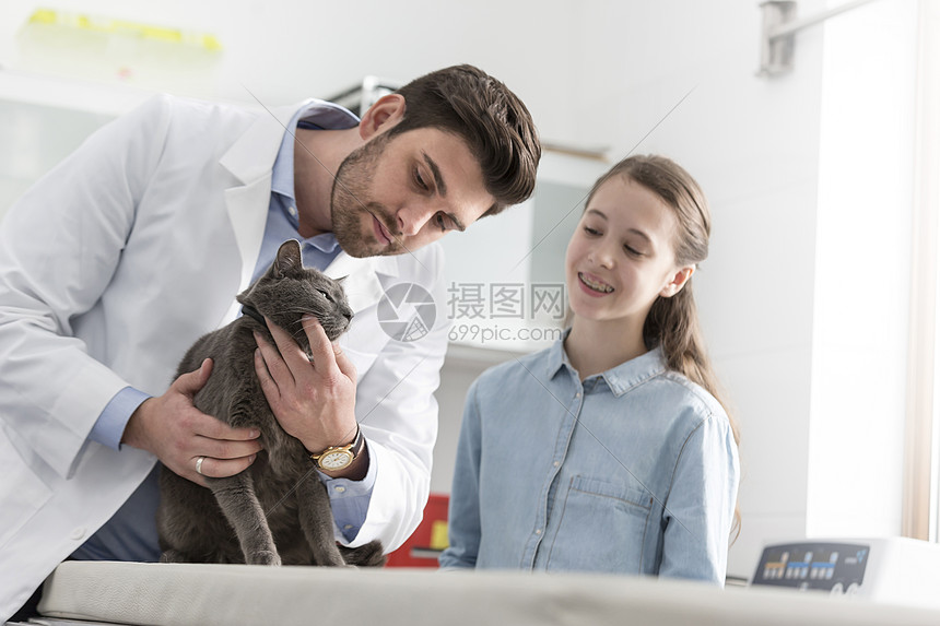 医生女孩兽医诊所检查床上的猫图片