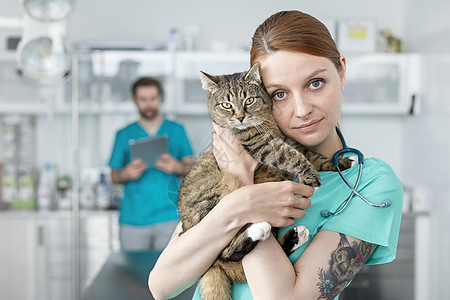 医生拥抱猫的肖像,同时站兽医诊所反同事图片