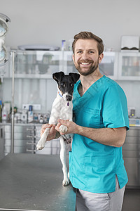 微笑的兽医医生与狗站诊所的肖像背景图片