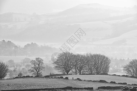 美丽的景观形象,个朦胧的冬季,英国的高峰地区,福德边缘的低坡,黑色白色图片
