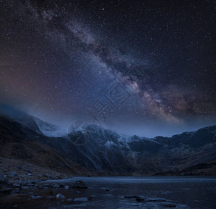 夜间白雪覆盖山脉冬季景观的次复合图像,上面有银河高清图片