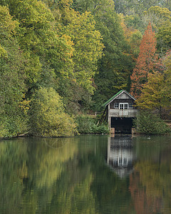 美丽多彩生机勃勃的秋景,林景湖上船坞的景观形象背景图片