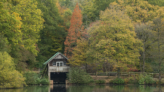 美丽多彩生机勃勃的秋景,林景湖上船坞的景观形象图片
