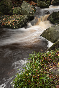美丽的近景溪流流过岩石秋季秋季森林景观英国的高峰地区图片