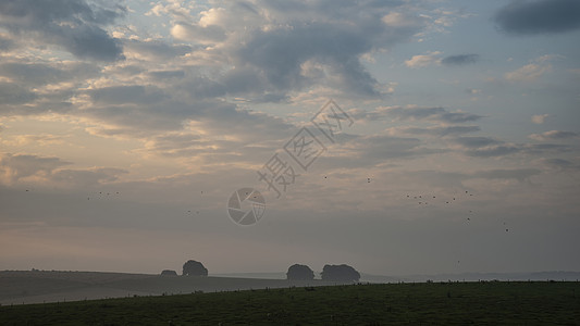 飞走美丽的夏季日出景观形象英国乡村与薄雾悬挂田野背景