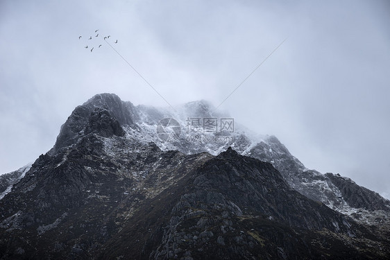 令人惊叹的喜怒无常的戏剧冬季景观山形象,白雪皑皑的y加恩雪冬,鸟儿上面飞翔图片