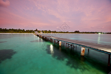 马尔代夫热带海滩上的木板路图片